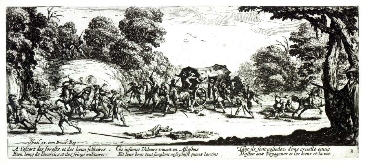 O ataque à diligência, placa 8 de "As misérias e infortúnios da guerra", gravada por Israel Henriet (c.1590-1661) 1633 de Jacques Callot
