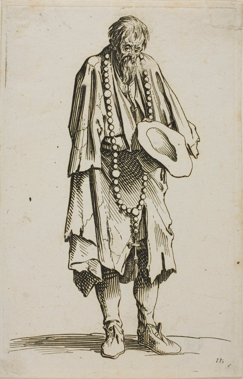 O mendigo com um rosário, prato onze de Os mendigos de Jacques Callot