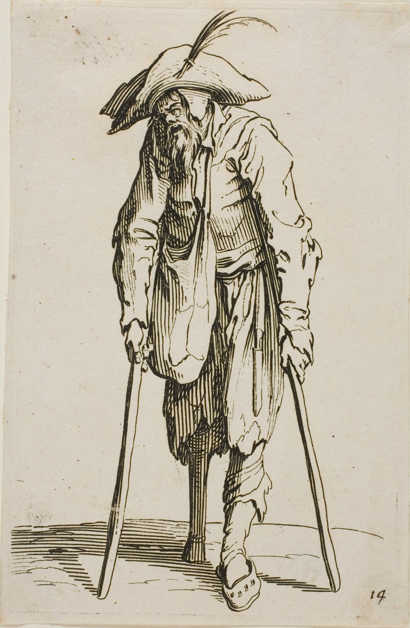 O mendigo com a perna de madeira, prato quatorze de Os mendigos de Jacques Callot