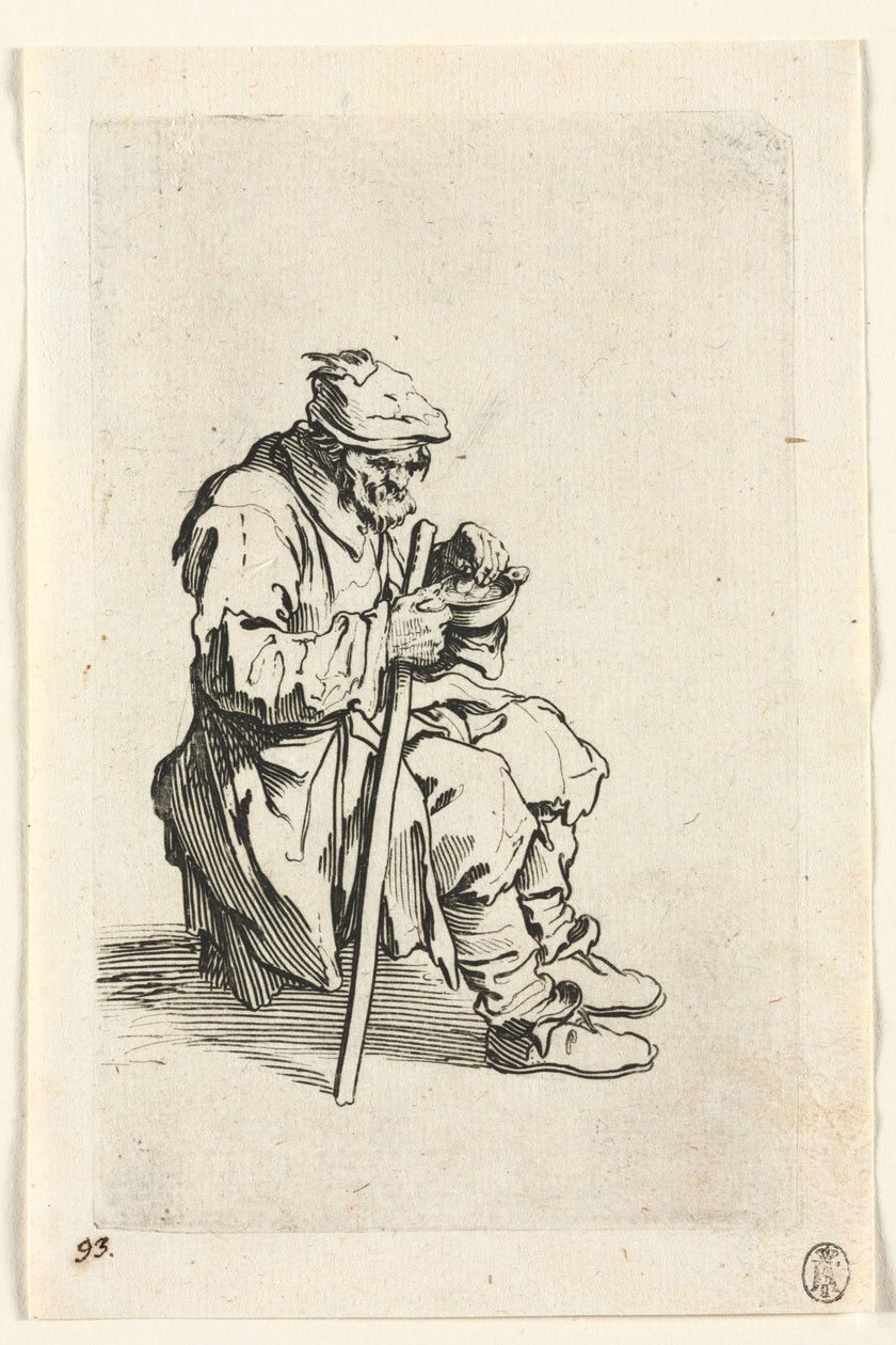 Os mendigos: mendigo sentado e comendo de Jacques Callot