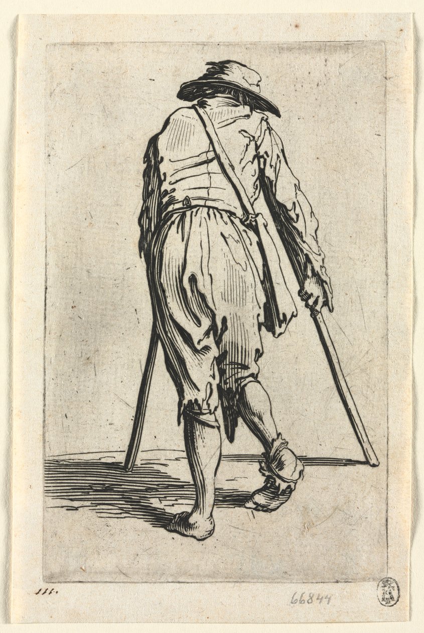 Os mendigos: mendigo de muletas, usando um chapéu de Jacques Callot