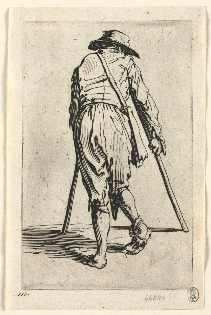 Os Mendigos: Mendigo de muletas, usando um chapéu, c. 1623 de Jacques Callot