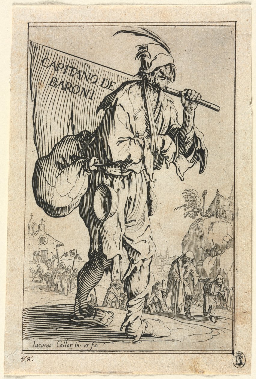 Os Mendigos: Frontispício: Capitão dos Barões, c. 1623 de Jacques Callot