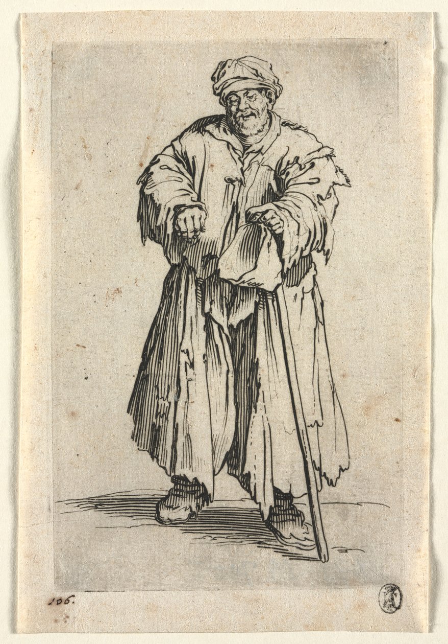 Os mendigos: mendigo obeso com olhos abaixados de Jacques Callot