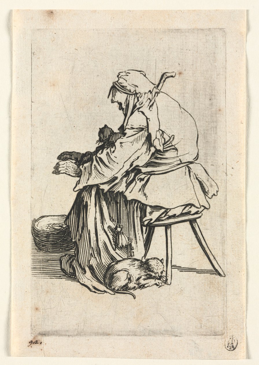 Os Mendigos: Mulher Velha e Gatos, c. 1623 de Jacques Callot