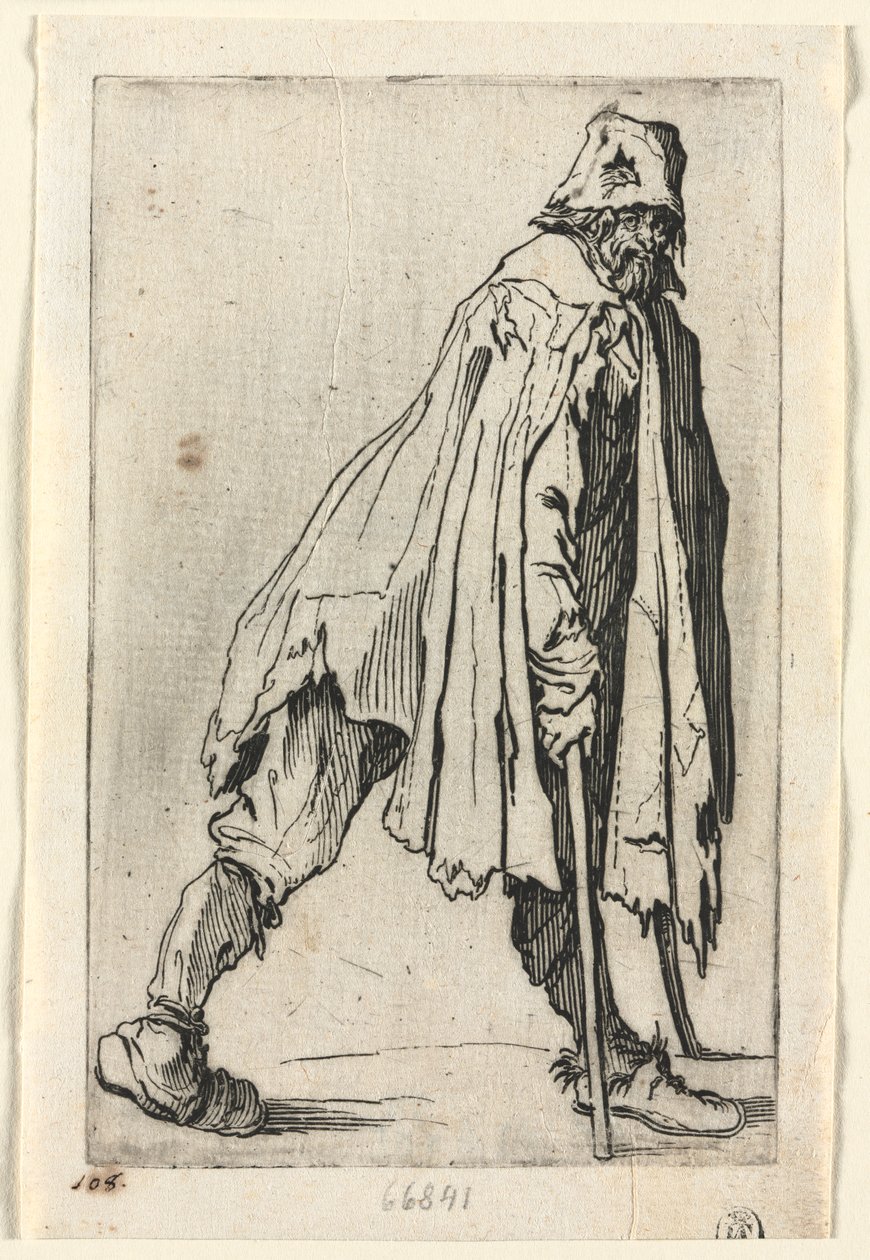 Os mendigos: o mendigo de muletas, vestindo um boné de Jacques Callot