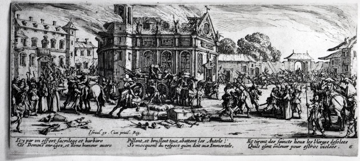 A destruição de um mosteiro, placa 6 de "As misérias e infortúnios da guerra", gravada por Israel Henriet (c.1590-1661) 1633 de Jacques Callot