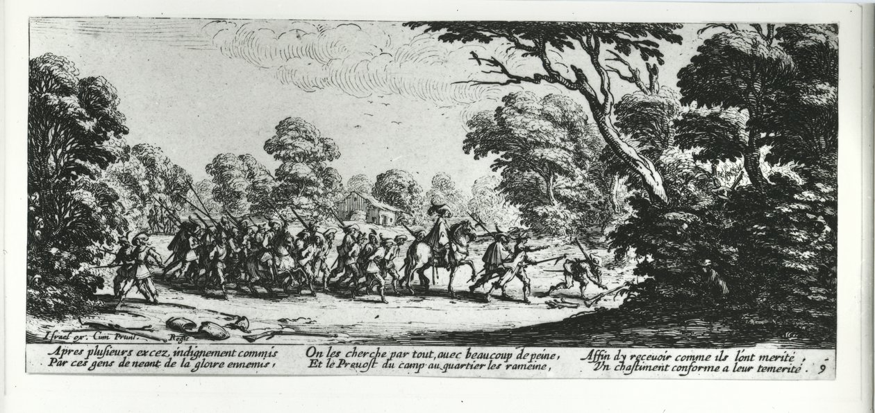 A Descoberta dos Brigands, placa 9 de &39;The Miseries and Misfortunes of War&39;, gravada por Israel Henriet (c.1590-1661) 1633 de Jacques Callot