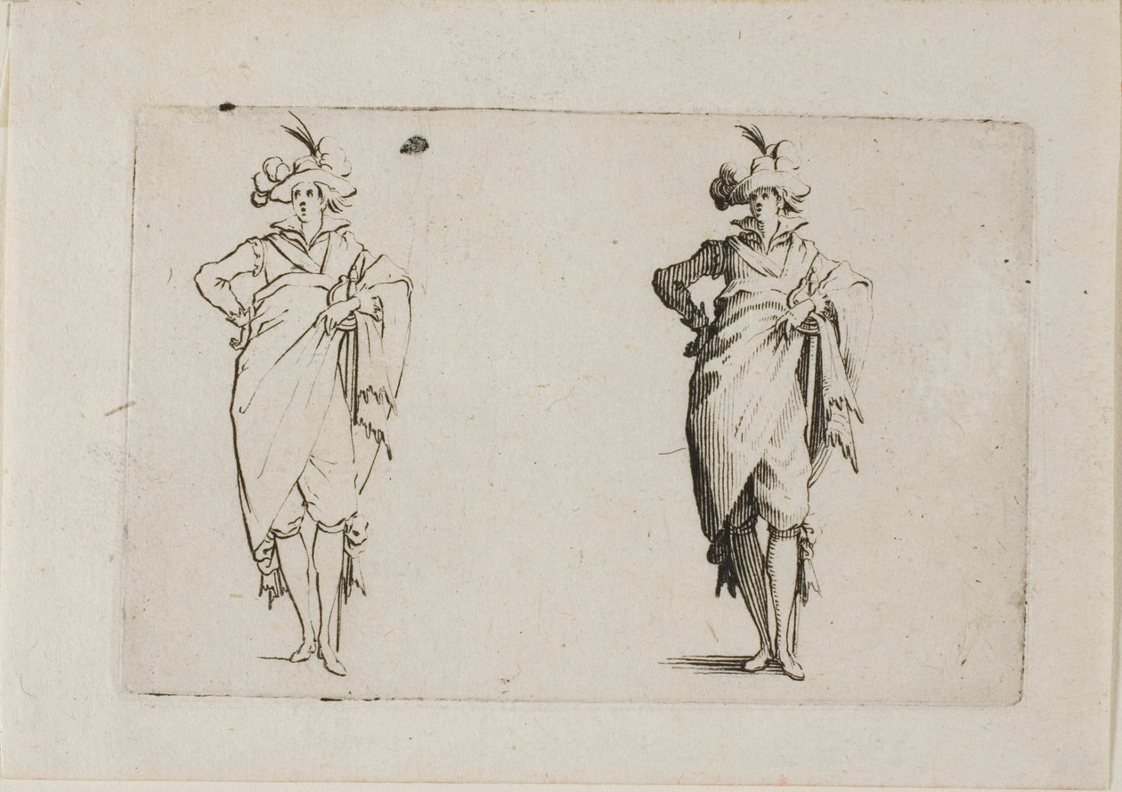 O cavalheiro visto de frente, com a mão direita no quadril, de Os Caprichos de Jacques Callot