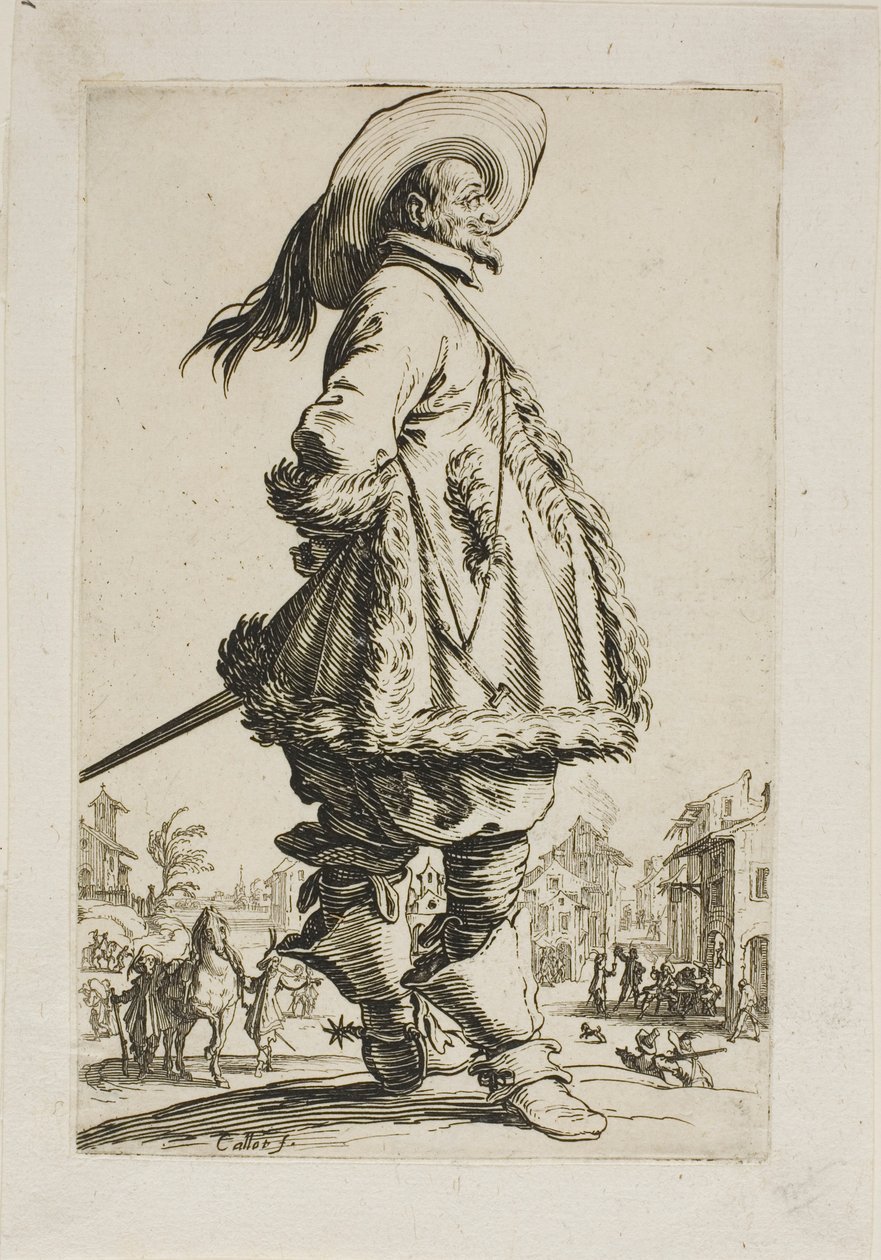 O cavalheiro em um manto de pele, segurando as mãos atrás das costas, prato sete de La Noblesse de Jacques Callot
