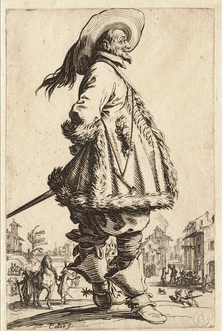 O cavalheiro de casaco guarnecido de pele com as mãos atrás das costas de Jacques Callot