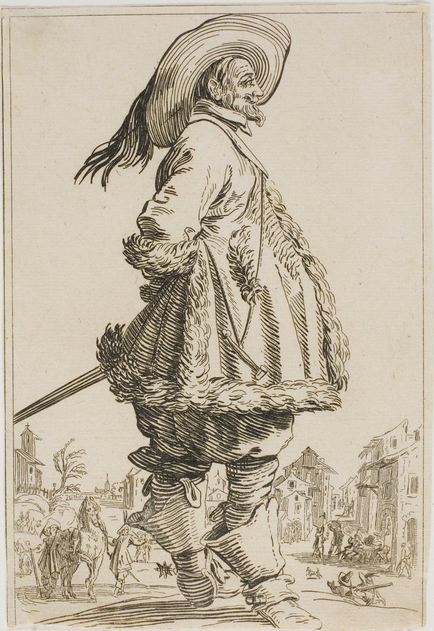 O cavalheiro no manto de pele com as mãos atrás das costas, da série A nobreza de Lorraine de Jacques Callot