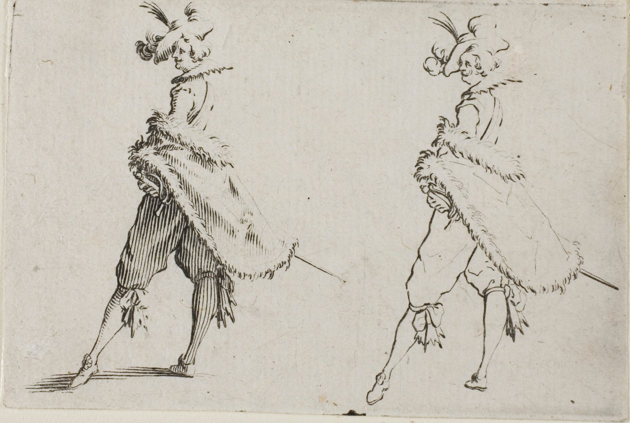 O cavalheiro de casaco, posando com as mãos nos quadris, from Os Caprichos de Jacques Callot