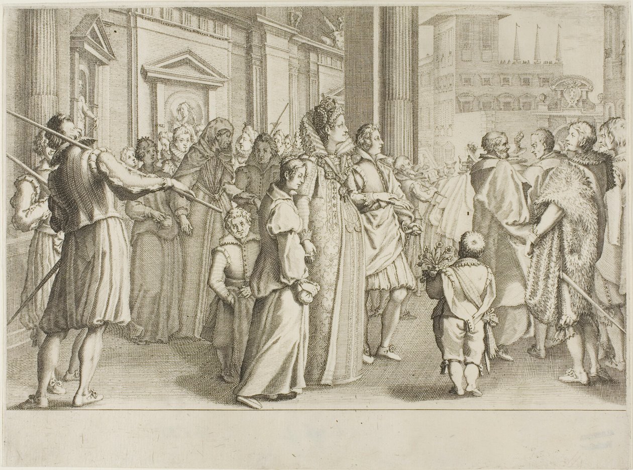 A grã-duquesa Christine de Lorraine acompanha à igreja os jovens que ela está tomando sob sua proteção de Jacques Callot