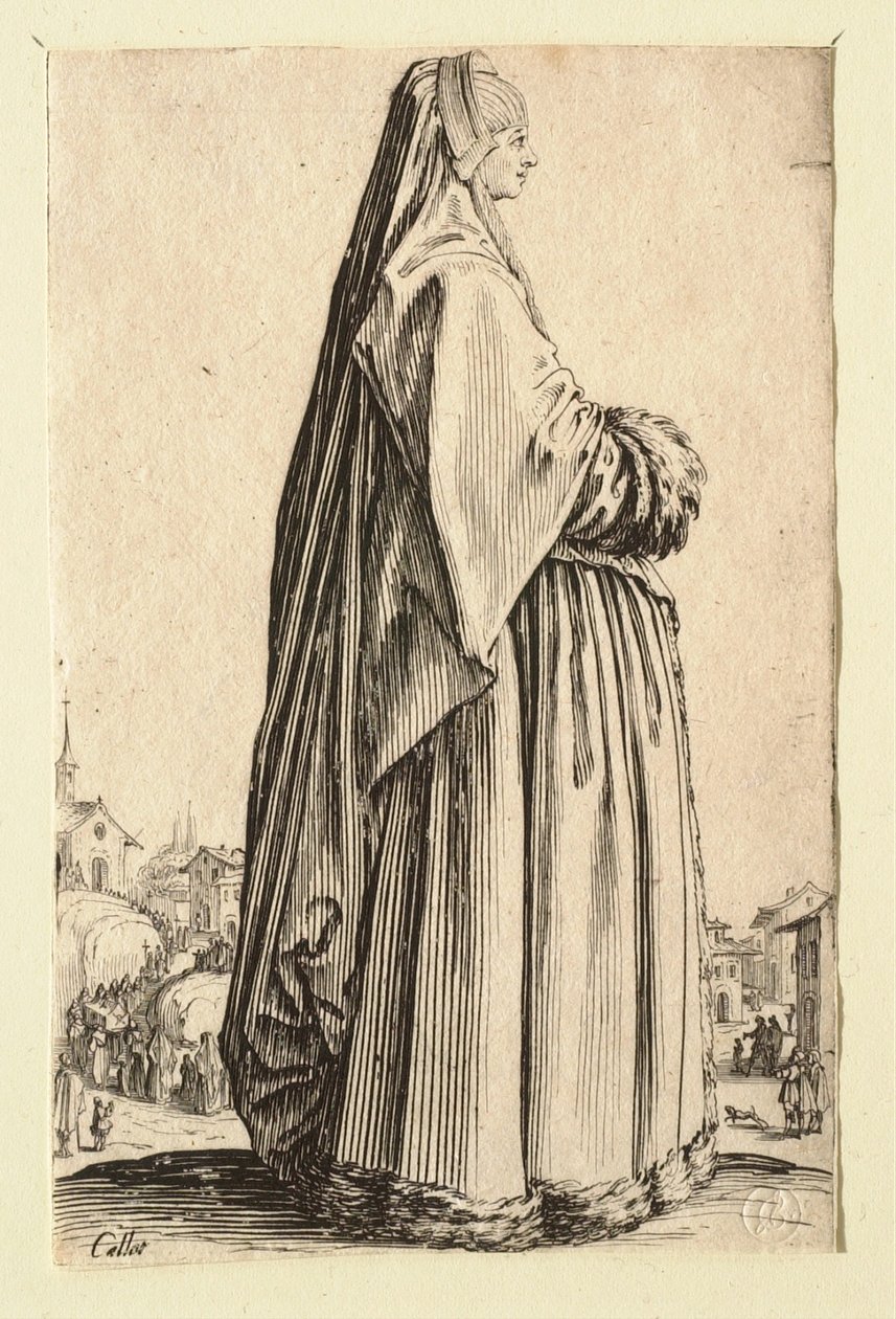 A dama com um grande véu e um vestido guarnecido de peles de Jacques Callot