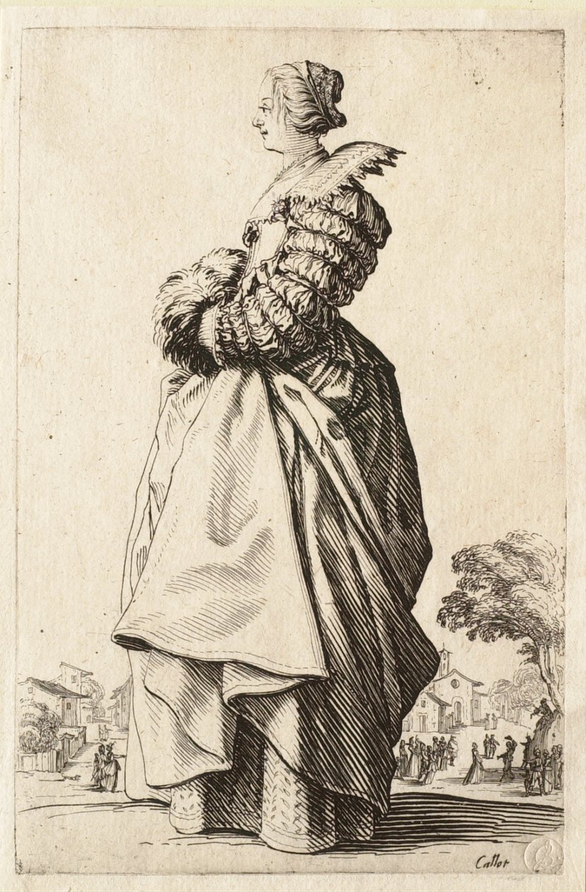 A dama de perfil com as mãos no regalo de Jacques Callot