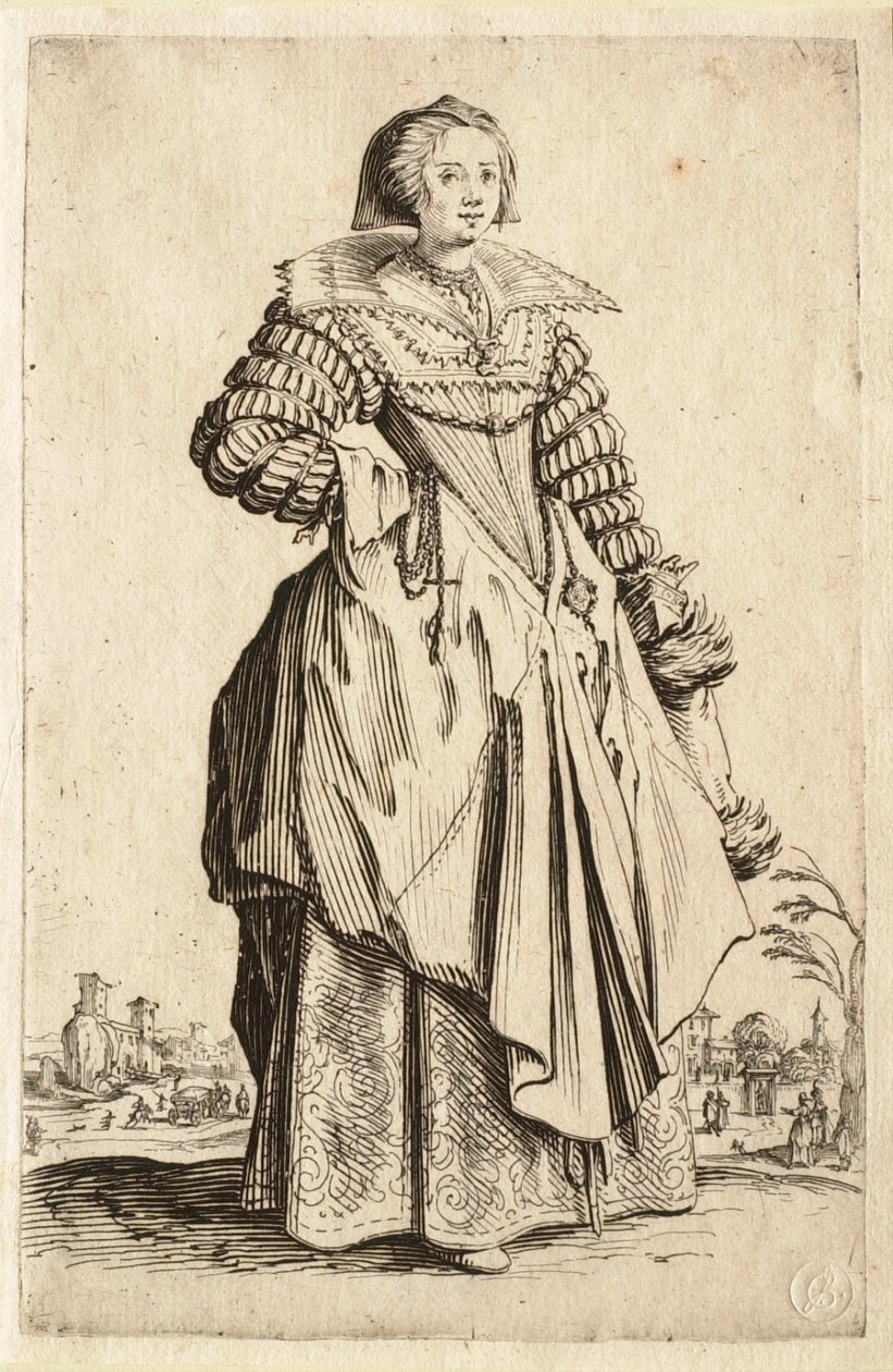 A Senhora com a Grande Gola e o Touca a Cair para Trás (La dame à la grande collerette et à la coiffe retombant en arrière) de Jacques Callot