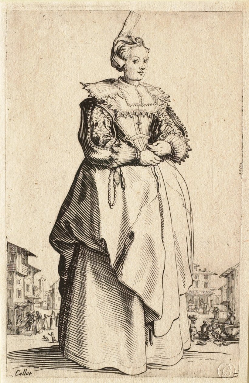 A dama com a pequena touca puxada para trás (La Dame à la petite coiffe relevée en arrière) de Jacques Callot