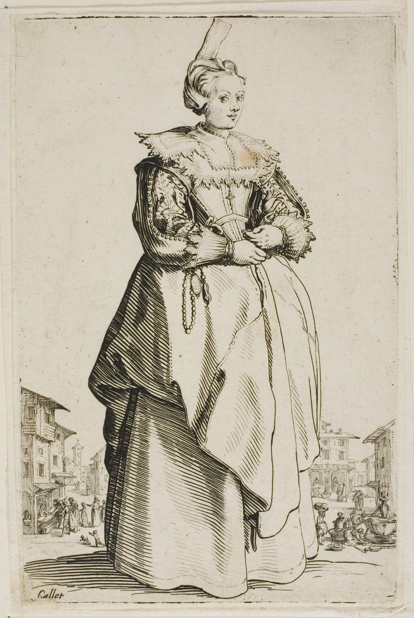 A dama do boné pequeno levantado, prato um de La Noblesse de Jacques Callot