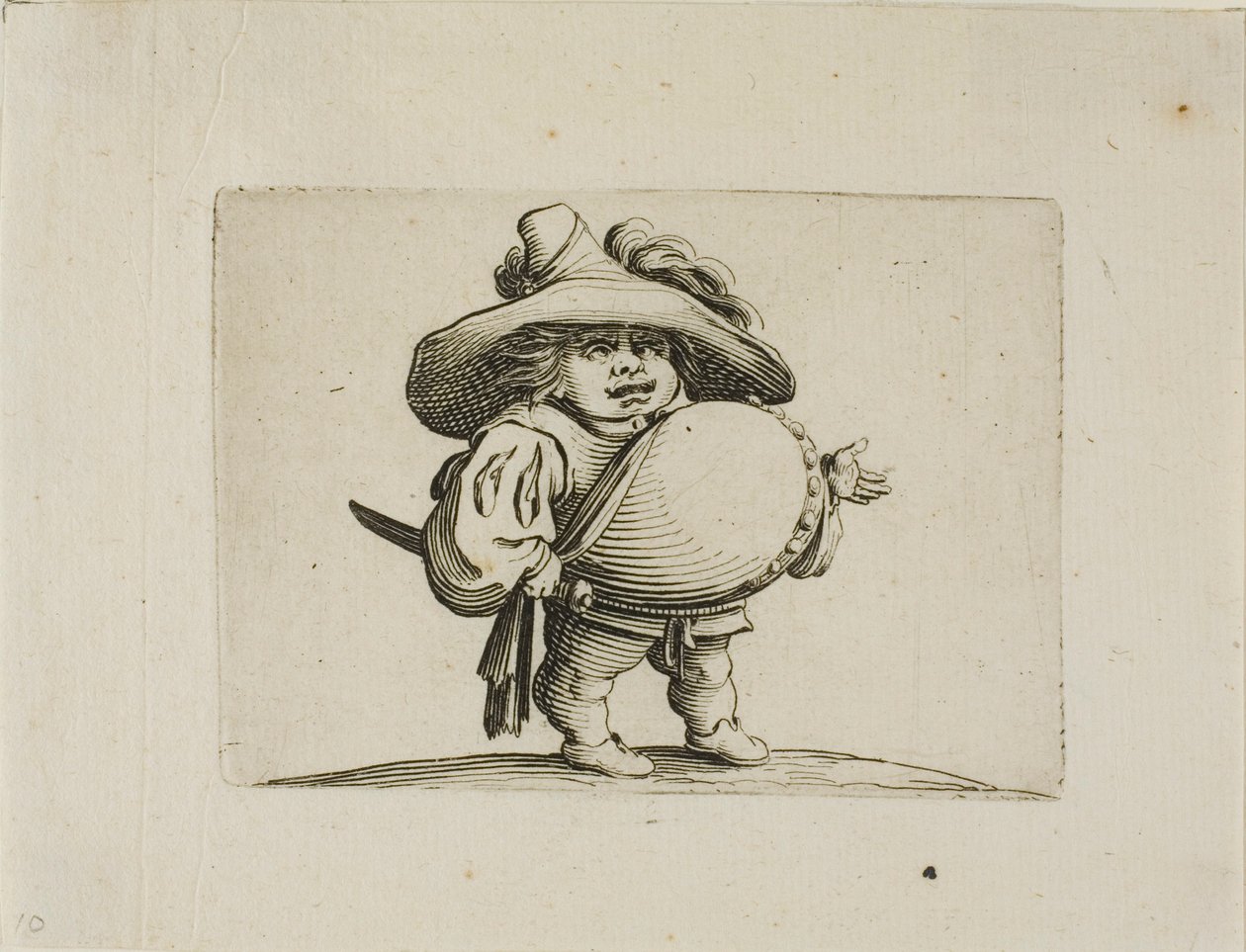 O grande homem barrigudo decorado com uma fileira de botões, de Varie Figure Gobbi de Jacques Callot