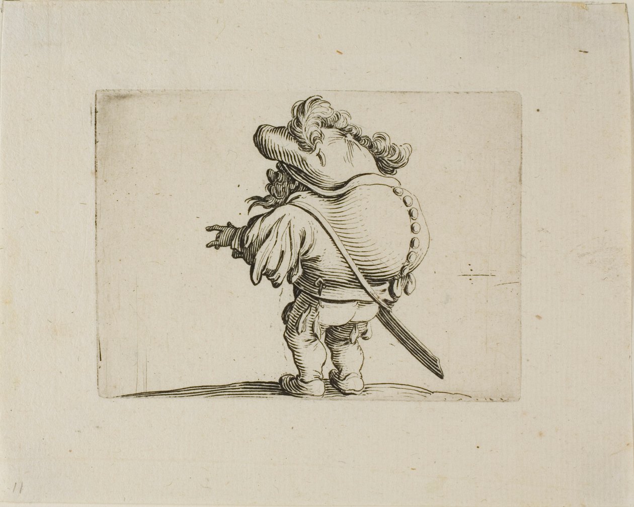 O grande homem barrigudo decorado com uma fileira de botões, de Varie Figure Gobbi de Jacques Callot