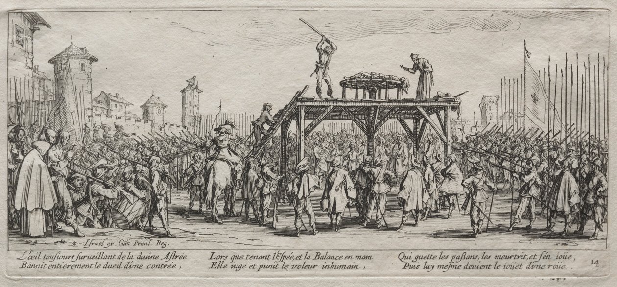 As grandes misérias da guerra: execução na roda, 1633. de Jacques Callot