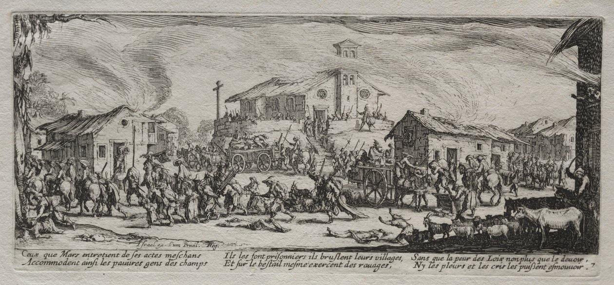 As grandes misérias da guerra: pilhagem e queima de uma aldeia de Jacques Callot