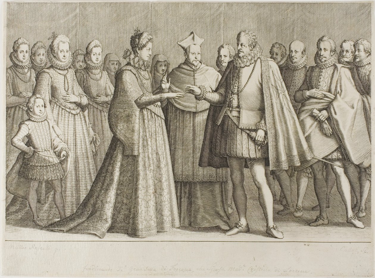 O casamento de Fernando de Médicis e da duquesa Cristina de Lorena, placa 1 de A vida de Fernando de Médicis de Jacques Callot