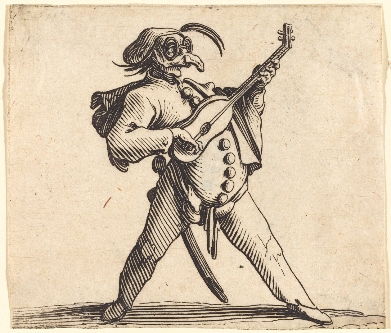 O comediante mascarado tocando uma guitarra de Jacques Callot