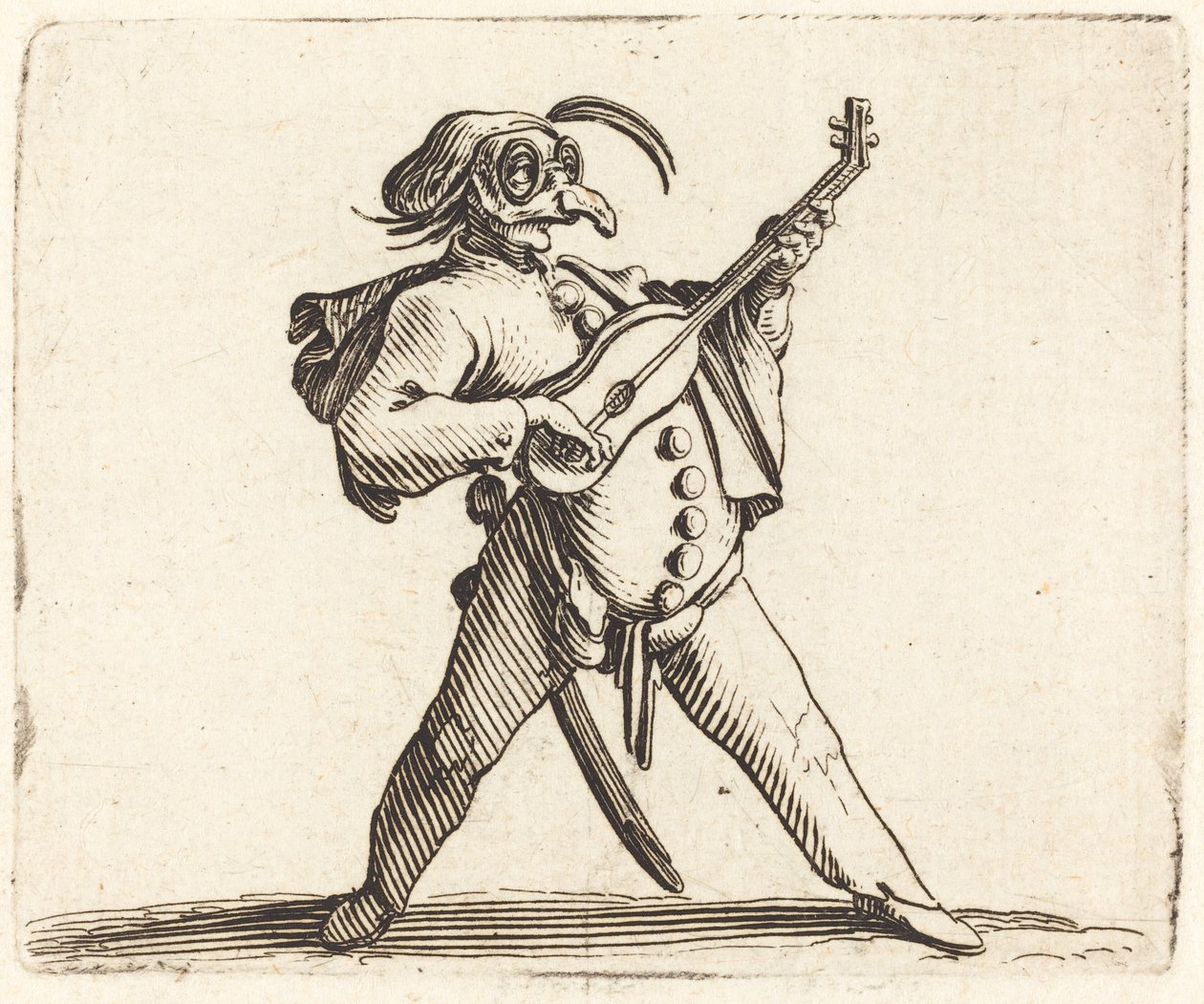 O comediante mascarado tocando uma guitarra de Jacques Callot