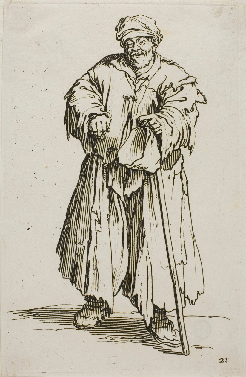 O mendigo obeso com olhos abaixados, placa 21 de Os mendigos de Jacques Callot