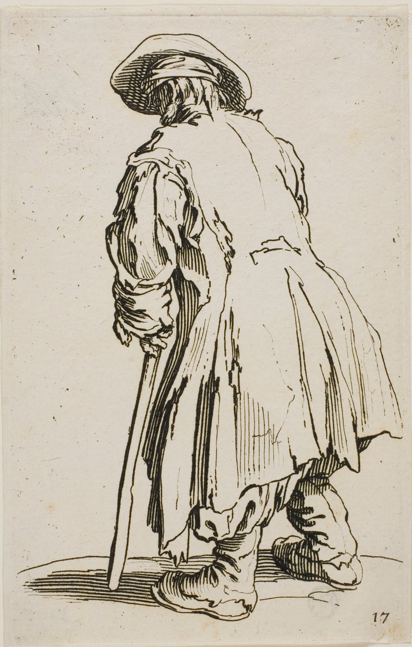 O velho mendigo apoiado em sua muleta, prato dezessete de Os mendigos de Jacques Callot