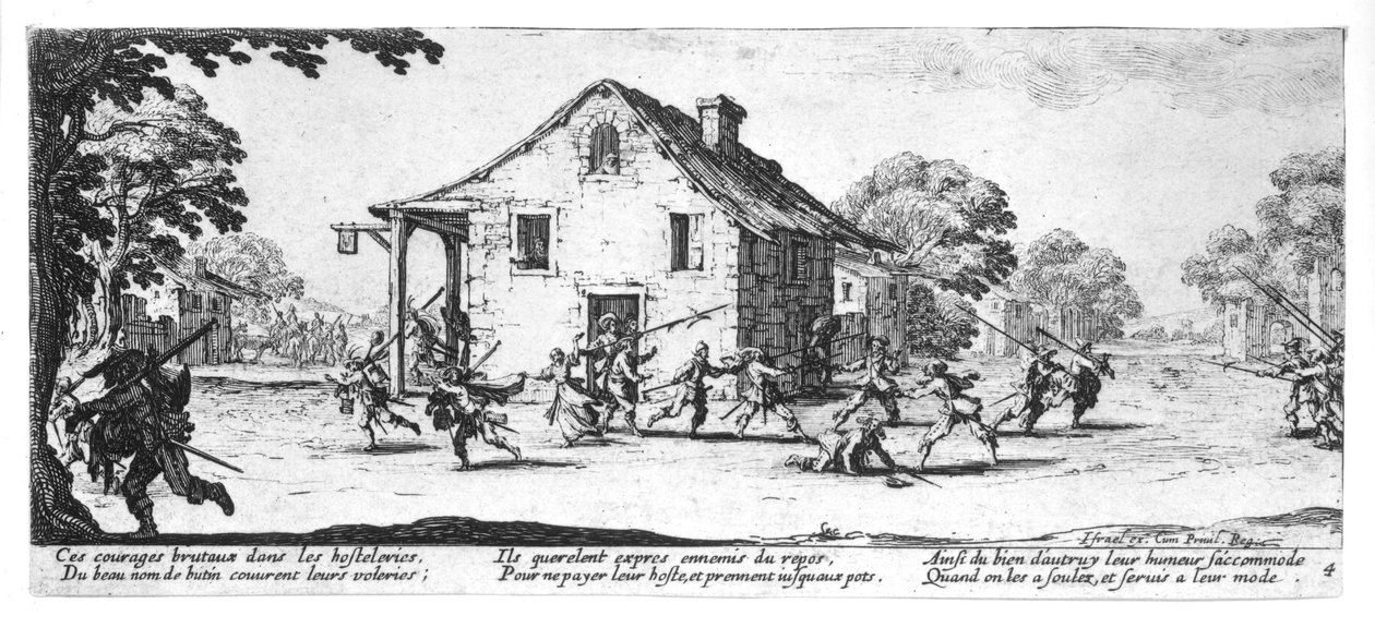 A pilhagem de uma hospedaria, placa 4 de "As misérias e infortúnios da guerra", gravada por Israel Henriet (c.1590-1661) 1633 de Jacques Callot
