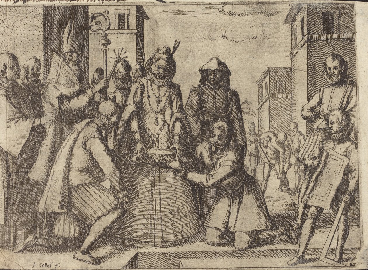 A Rainha Colocando a Primeira Pedra para a Igreja das Clarissas na Espanha [verso] de Jacques Callot