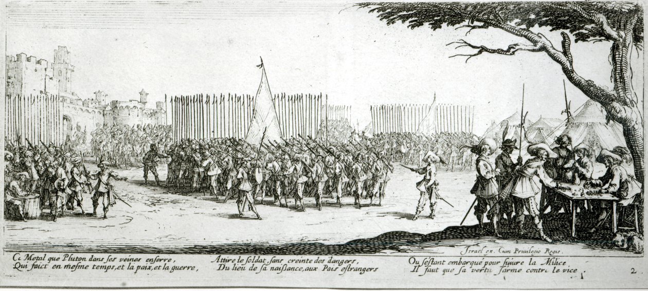A criação de um exército, placa 2 de "As misérias e infortúnios da guerra", gravada por Israel Henriet (c.1590-1661) 1633 de Jacques Callot