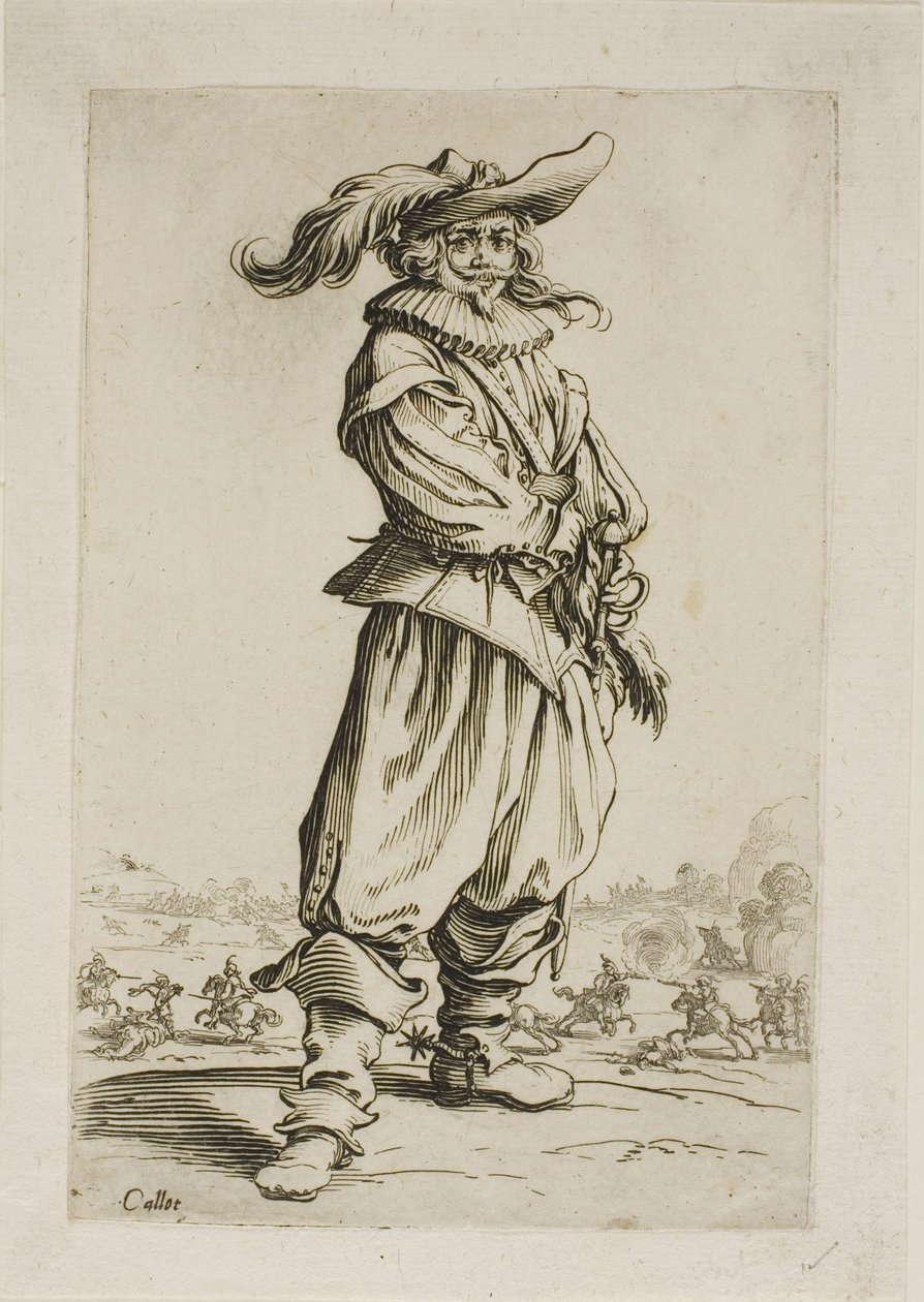 O soldado com um chapéu emplumado, prato três de La Noblesse de Jacques Callot