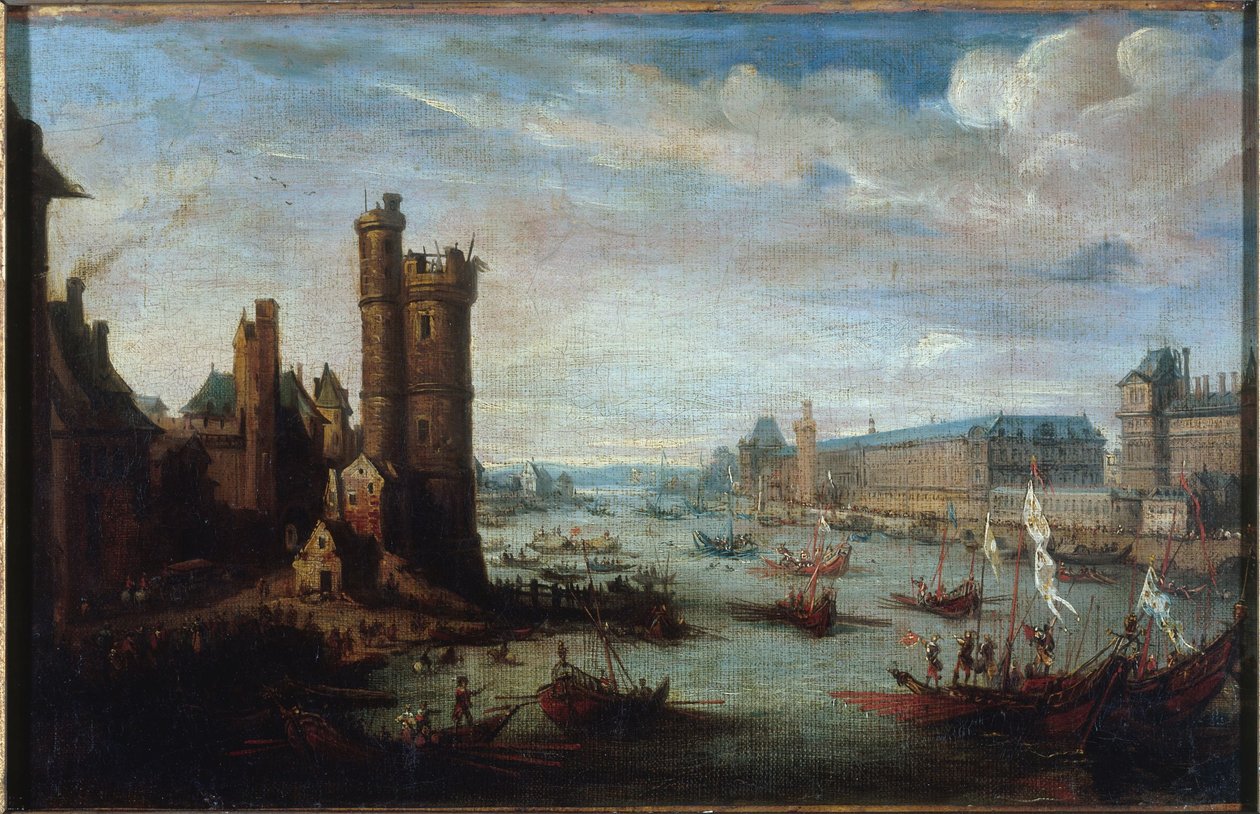 O Tour de Nesle, a Grande Galerie e o Louvre, vistos de Pont-Neuf, cerca de 1630, entre 1625 e 1635 (óleo sobre tela) de Jacques Callot