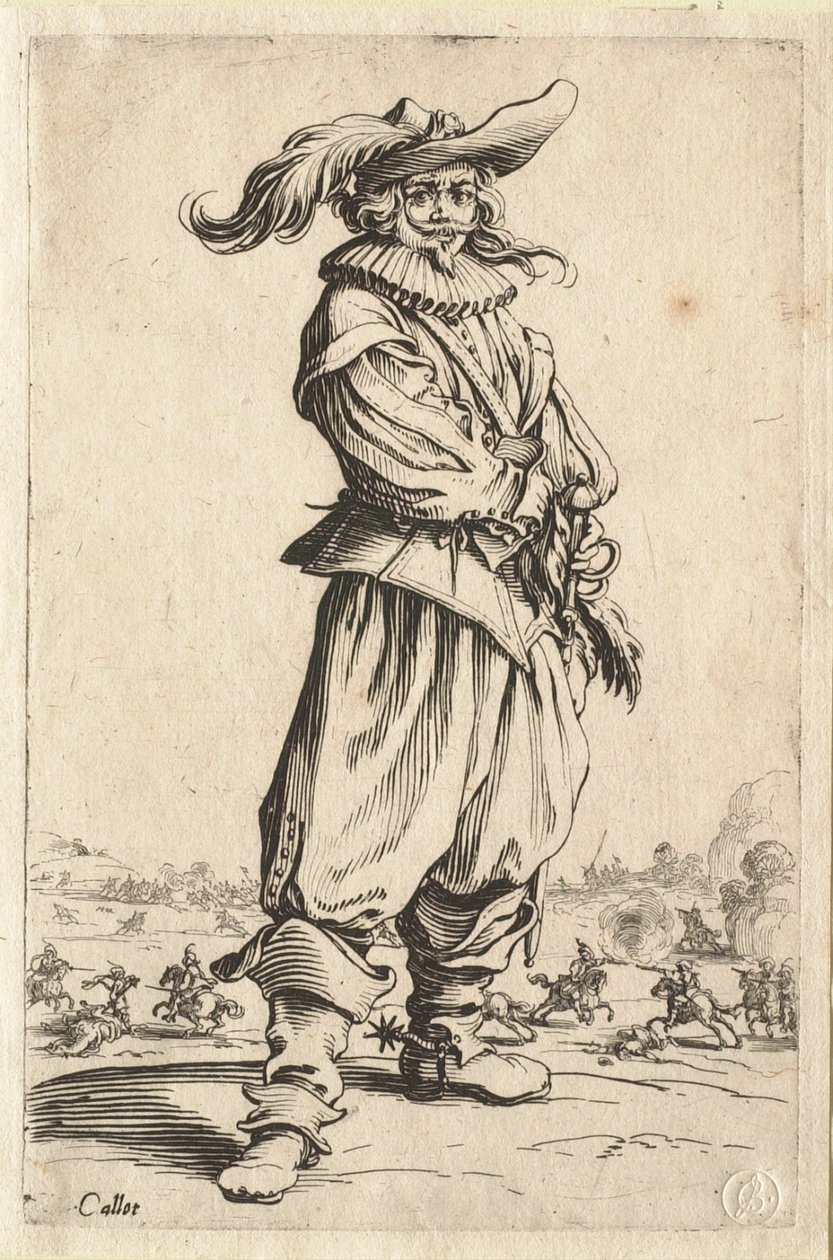 O guerreiro com o chapéu adornado com uma grande pena de Jacques Callot