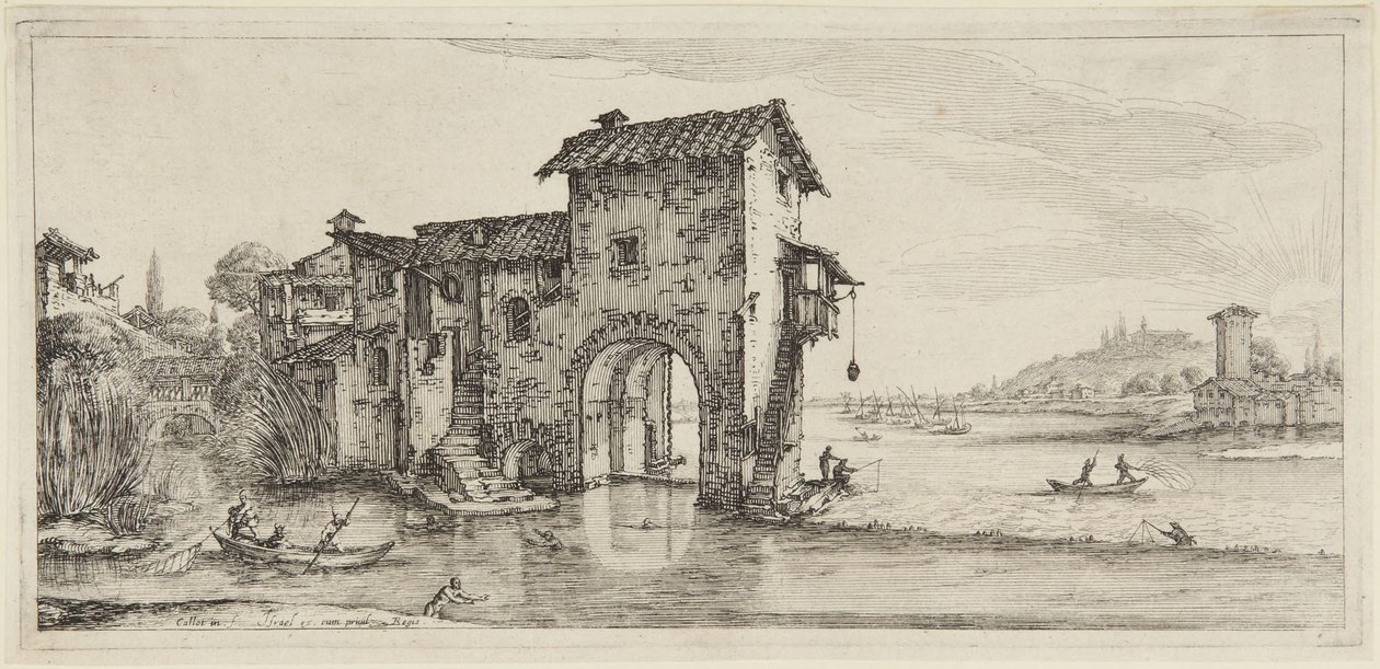 O moinho de água, da série Diverse Vedute Designate in Fiorenza (Diversas paisagens desenhadas em Florença) de Jacques Callot