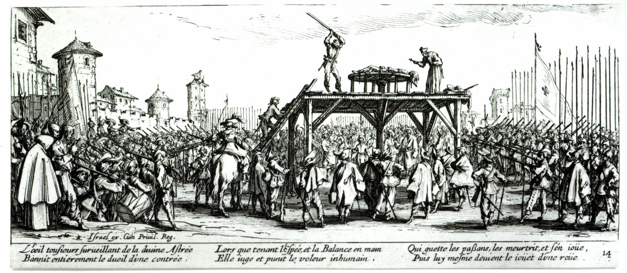 A roda, placa 14 de "as misérias e os infortúnios da guerra", gravada por Israel Henriet (c.1590-1661) 1633 de Jacques Callot