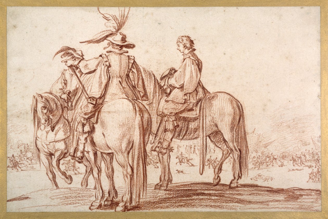 Três Cavaleiros (giz vermelho sobre papel) de Jacques Callot