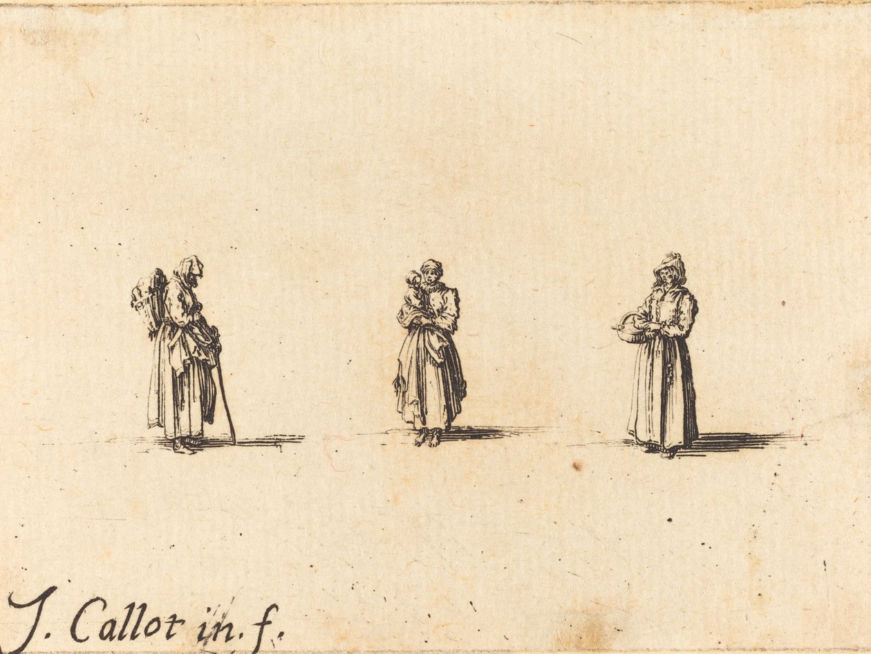 Três mulheres, uma segurando uma criança de Jacques Callot