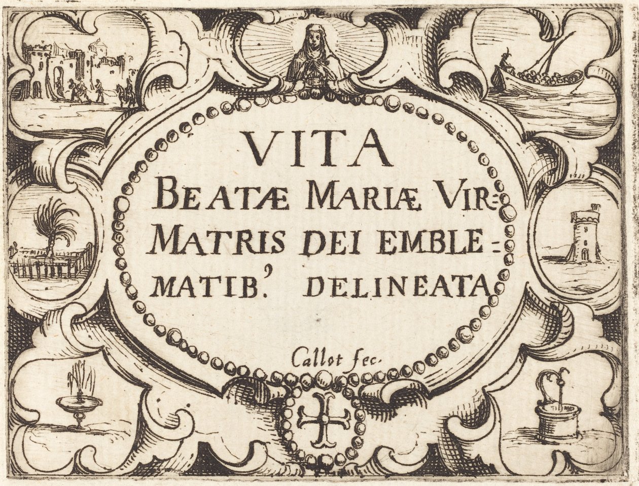 Página de título para "A Vida da Virgem em Emblemas" de Jacques Callot