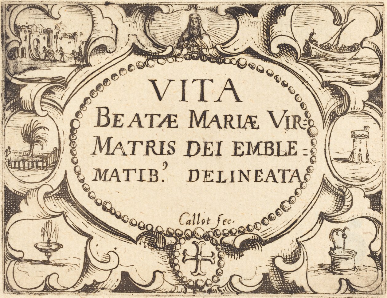 Página de título para "A Vida da Virgem em Emblemas" de Jacques Callot