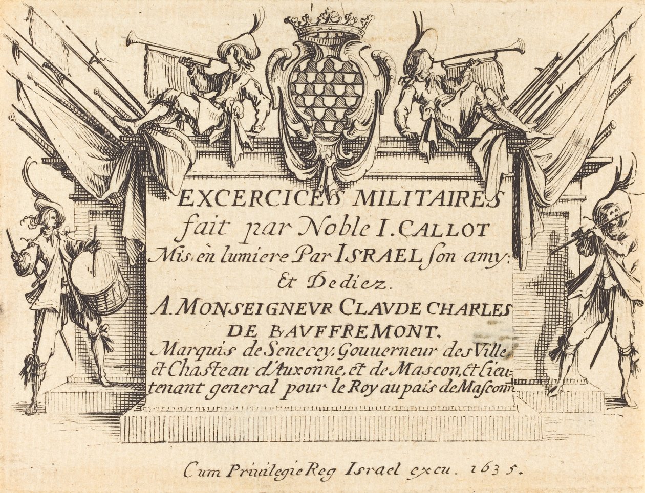 Página de rosto para "Os Exercícios Militares" de Jacques Callot