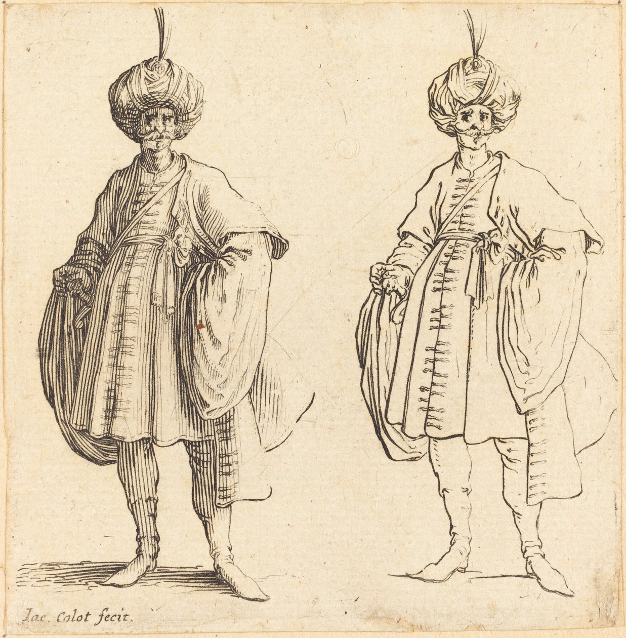Dois turcos vestidos de turbantes com pluma de Jacques Callot