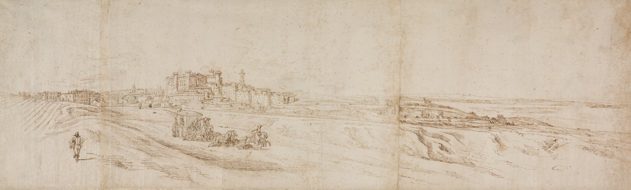 Vista do Castello Bracciano, perto de Roma com ônibus e figuras de Jacques Callot