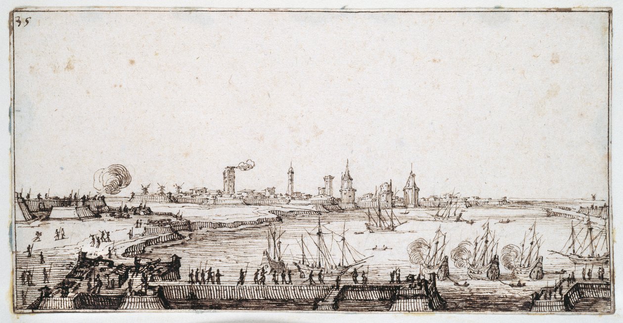 Vista do porto de La Rochelle com galeões a fazer uma saudação (caneta e tinta castanha sobre papel) de Jacques Callot