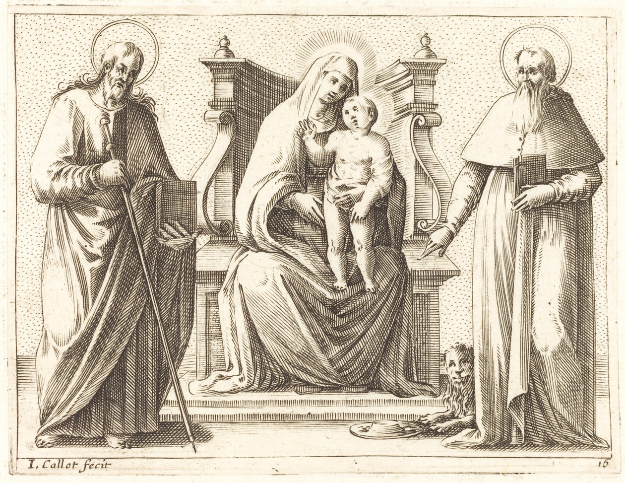Virgem e Menino com Santos Tiago e Jerônimo, 16081611. de Jacques Callot