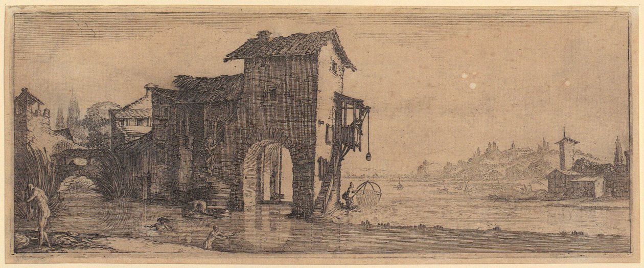 Moinho de água, folha 3 da série «As quatro paisagens» de Jacques Callot